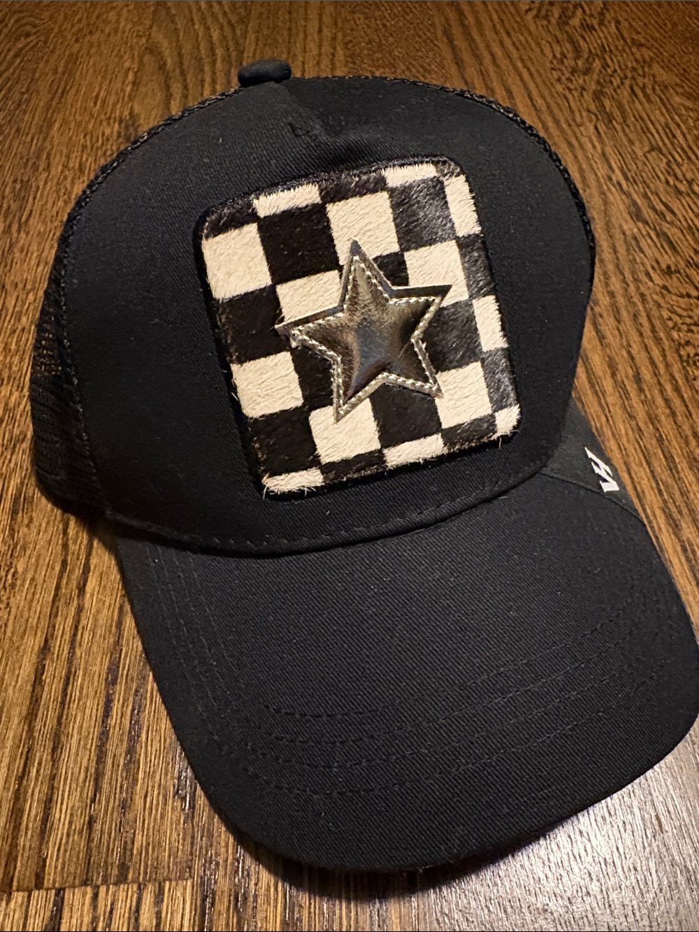 Vintage Havana Black Trucker Hat with Checkered Patch and Silver Star